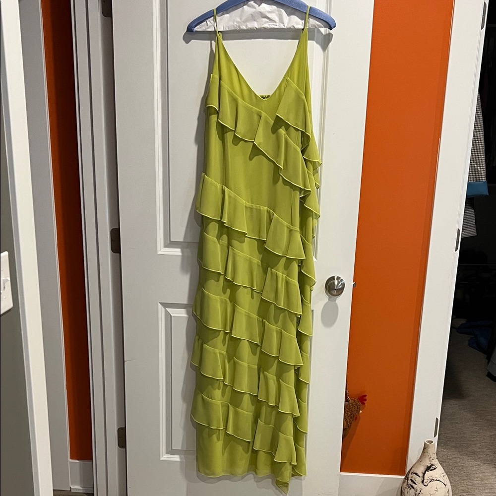 Boohoo Lime Asymmetrical Ruffle Dress